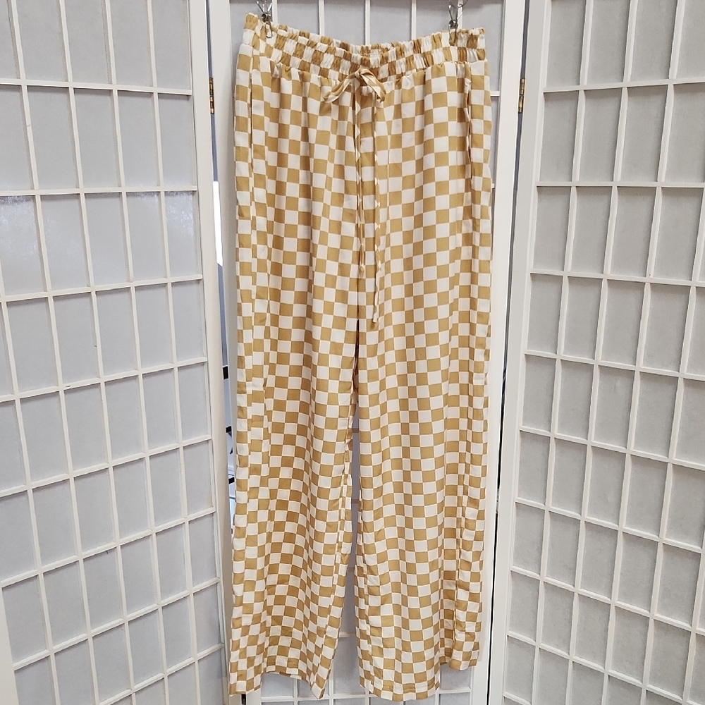 Wide Leg Silky Tan and White Gingham Checkered Pants